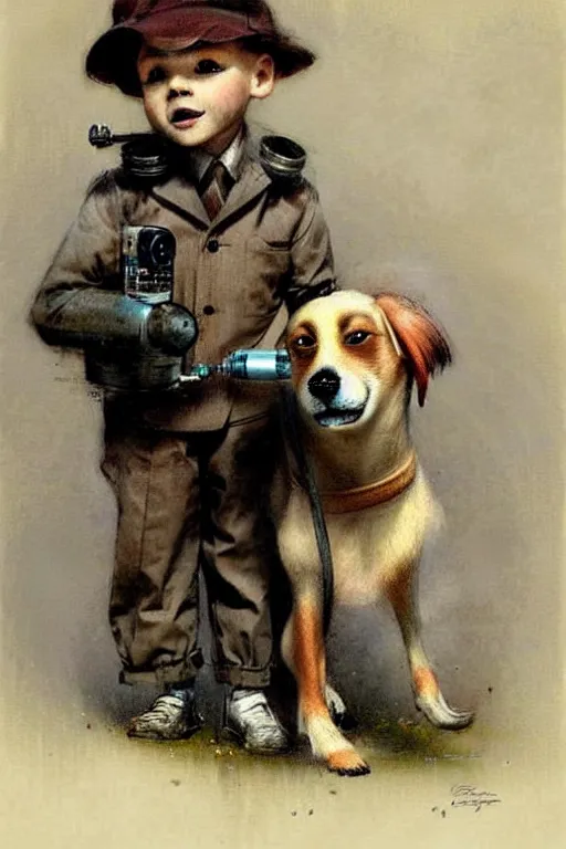 Image similar to (((((1950s boy and his robot box shaped k9 dog. muted colors.))))) by Jean-Baptiste Monge !!!!!!!!!!!!!!!!!!!!!!!!!!!