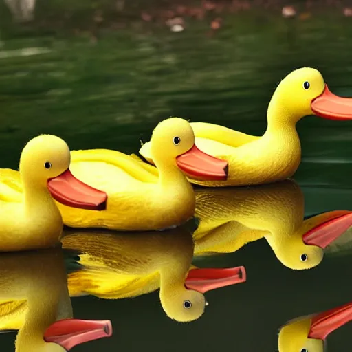 Image similar to professional photograph of banana ducks, peeled bananas with googly eyes and duck beaks