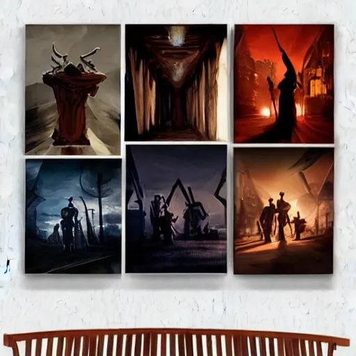 Image similar to an ominous circle of chairs, poster art, atmospheric, concept art, in the style of magic the gathering, dramatic lighting, plain wooden chairs