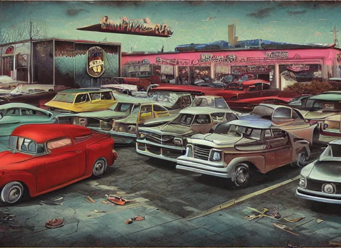 Prompt: car lot, lowbrow, matte painting, 3 - d highly detailed, in the style of mark ryden,