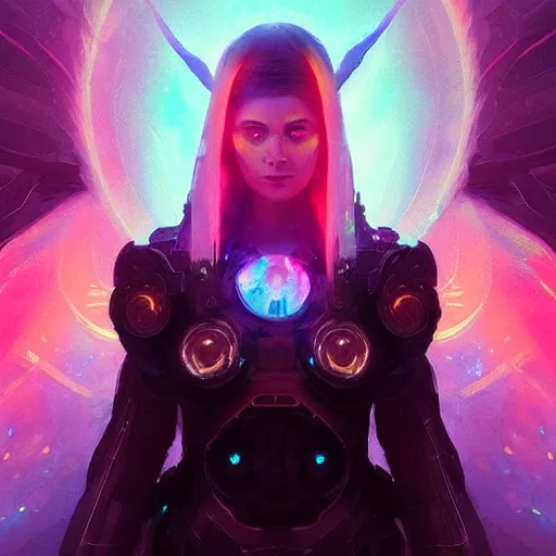 Prompt: portrait of a beautiful dark seraphim female futuristic angel, volume lighting, concept art, by greg rutkowski!!, colorful, xray melting colors!!