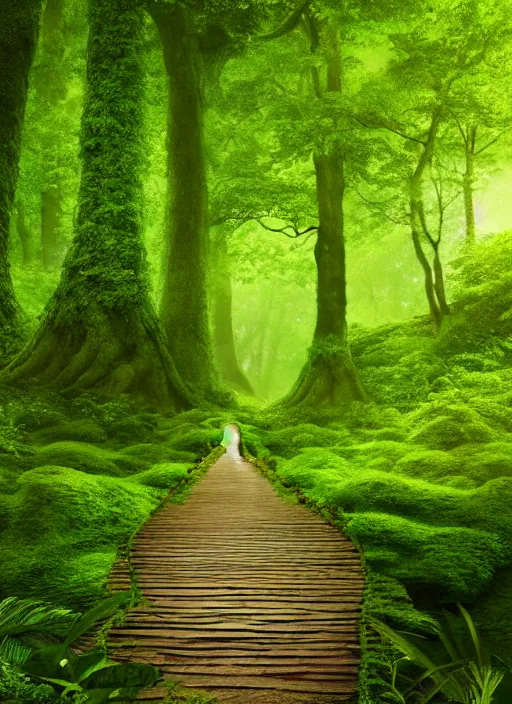 Prompt: a wooden path in the middle of a lush green forest, a detailed matte painting by john eyre, shutterstock contest winner, magical realism, enchanting, matte painting, mystical