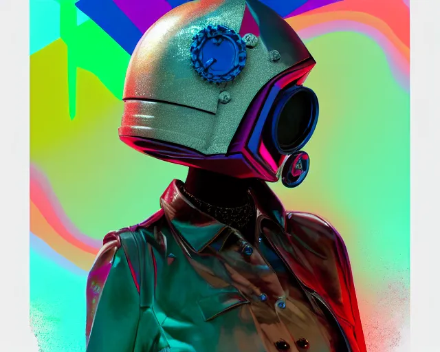 Prompt: full portrait of a post modern hybrid fashion model with an exuberant war biotech helmet, colorful, octane render, vray, detailed, halftoned, editorial illustration, matte print, grainy light, ( ( dither ) ), risograph, high contrast, screen print, grainy texture