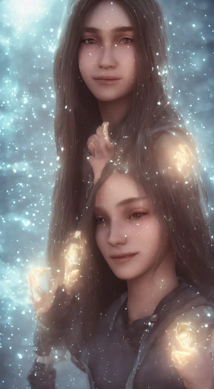 Prompt: Teenage female Mage, outdoors lighting, astral background, symmetrical face and body, confident, smile, detailed moisture, detailed droplets, detailed intricate hair strands, DSLR, ray tracing reflections, eye reflections, focused, unreal engine 5, vfx, post processing, post production, Arcane Style, 8k