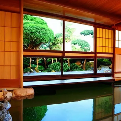 Image similar to inside a wooden Japanese house with a indoor koi pond, bonsai trees, stream flowing through the house, large wall aquarium with unseen marine life, peaceful, calm, atmospheric