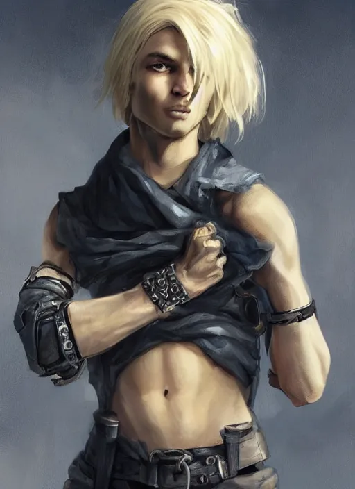 Image similar to a blonde boy thief with a metal armband in the style of eve ventrue