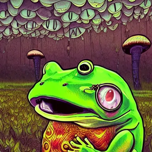 Prompt: A centered waist up portrait of a scary psychedelic godlike anthropomorphic frog smoking an anime cigar , magic mushroom village in background . award winning. superb resolution. in the art style of junji Ito and greg rutkowski . Detailed Mushroom city in background. Hyper realistic anime. Perfect art. Dalle2