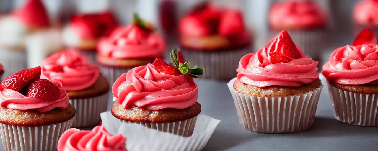 Prompt: juicy strawberry cupcakes from a fast food restaurant, depth of field, food photography, isometric, tasty, mcdonalds, wide shot, studio, bokeh, gmaster, cooking, food, kodak, sony, canon