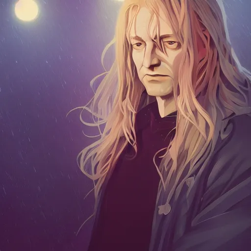 Prompt: portrait of Neil Gaiman with beautiful long pale blond hair, night time, ambient lighting, 4k, anime key visual, lois van baarle, ilya kuvshinov, rossdraws, artstation