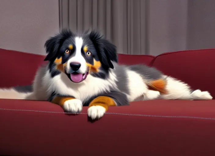 Image similar to a wholesome animation key shot of an australian shepherd, sleeping on a leather couch, studio ghibli, pixar and disney animation, sharp, rendered in unreal engine 5, anime key art by greg rutkowski, bloom, dramatic lighting