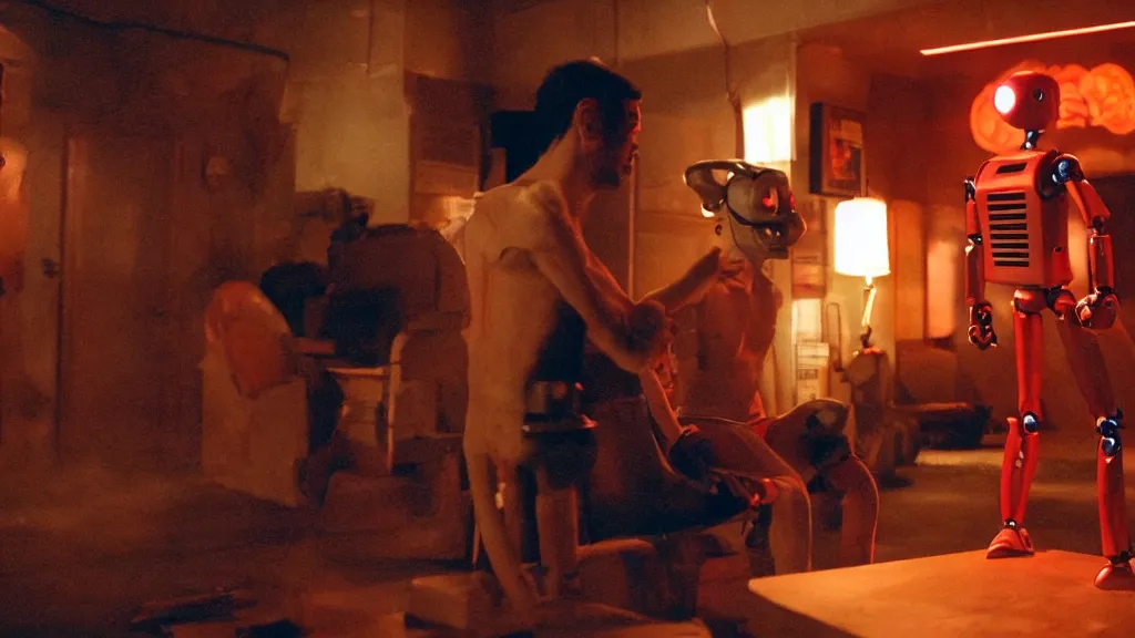 Image similar to movie scene of a man and a robot having a moment of jealousy, movie still, cinematic composition, cinematic light, by gaspar noe