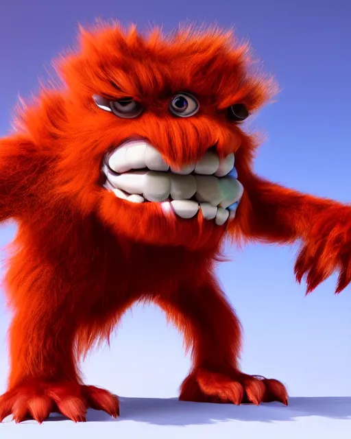 Image similar to 3 d render of completely red hairy friendly antropomorphic cartoony creature wearing chrome shades, similar to jake sully, without nose, full body, simple, cute, white background, unreal engine 5, octane render, highly detailed hdr