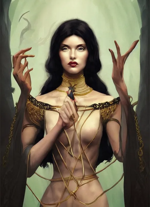 Image similar to tarot!!, high priestess, no noise, elegant, concept art, sharp focus, beautiful face!!, digital art, smooth defined outlines!!, human anatomy, human structure, vector background, dark fantasy, by Brom, trending on Artstation, Tom Bagshaw, Sargent