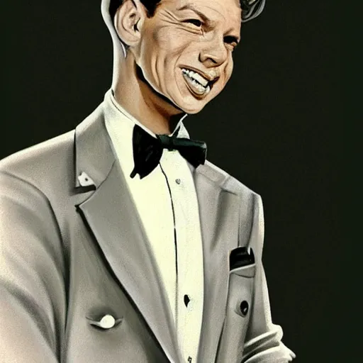 Image similar to perfect composition, subdued color palette, award-winning concept art, detailed digital painting, airbrushed, low contrast: costume design for young Frank Sinatra as a poor 1950s bartender. Volumetric cinematic lighting, great attention to perfect anatomy, special attention to posing, great attention to realistic facial expression, faithful cinematic color scheme, perfectly coherent. In the style of: Greg Rutkowski, Francis Bacon, Syd Mead, Norman Rockwell, Beksinski, Edward Hopper, James Gilleard, Ilya Kuyshinov, WLOP, Stanley Artgerm, Takato Yamamoto, and James Jean.