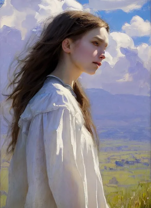 Image similar to portrait of girl dressed in white clothes , countryside, fantasy character portrait, dynamic pose, above view, view from above, sunny day, thunder clouds in the sky, artwork by Jeremy Lipkin and Giuseppe Dangelico Pino and Michael Garmash and rob rey, very coherent symmetrical artwork, perfect face, simple form, 100mm