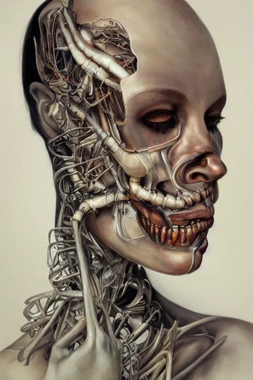 Prompt: beautiful painting portrait of biomechanical being by marco mazzoni, detailed, realistic skin color