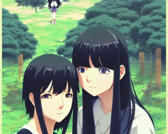 Image similar to beautiful anime girl with long black hair and bangs, beautiful anime guy with black hair, wearing black clothes, siblings, fine details portrait, japense village in background, bokeh. anime masterpiece by Studio Ghibli. illustration, sharp high-quality anime illustration in style of Ghibli, Ilya Kuvshinov, Artgerm