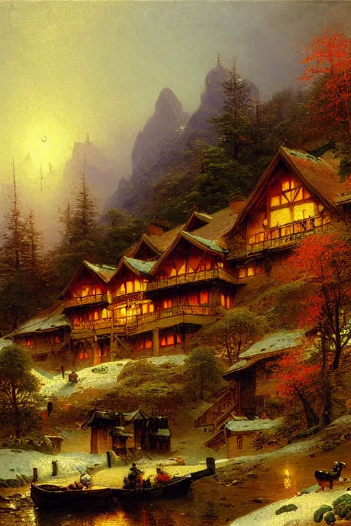 Prompt: detailed painting of a a mountain lodge in the autumn season, filigree ornaments, andreas achenbach