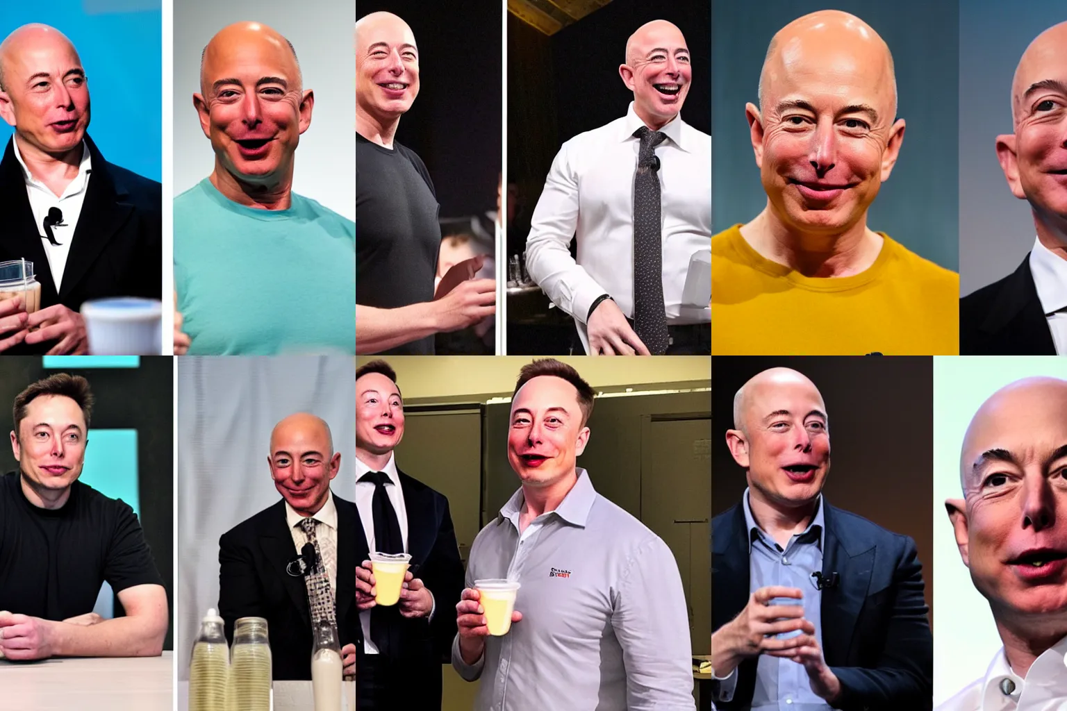 Prompt: elon musk and jeff bezos with straws sharing same milkshake