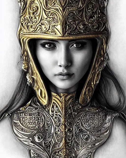 Image similar to pencil sketch portrait of woman in shining golden armor, high production value, intricate details, high resolution, hdr, high definition, masterpiece, realistic, ultrarealistic, highly detailed, hd, sharp focus, non blurry, sharp, smooth