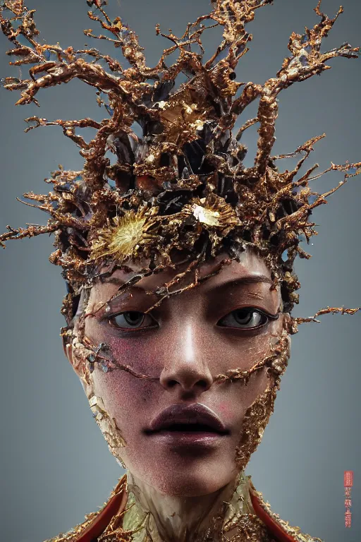 Image similar to realistic 8k stunning intricate Evangelion Siren Queen character design. Kintsugi. by Daytoner, Greg Tocchini, Yoshitaka Amano. Intricate Empress Crown made of sentient mycelium jewels and gems. subtle misty xparticles. Scattered Cherry blossoms Hyperrealism. Subsurface scattering. Directed by Denis Villeneuve. Octane Render