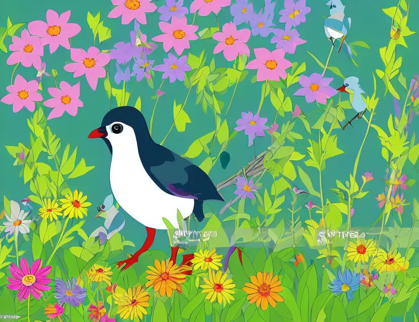 Prompt: magical magpie in a cottage garden. this vector art by the beloved children's book illustrator has a beautiful composition, interesting color scheme, flat shading.