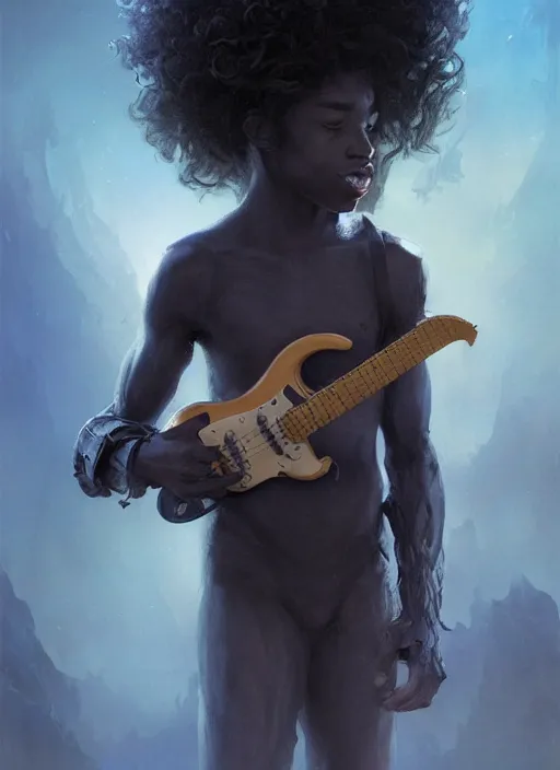 Image similar to fantasy changeling black kid with long curly hair playing electric guitar, half half, dim light, front game card, marvel comics, dark, intricate, highly detailed, smooth, artstation, digital illustration by ruan jia and mandy jurgens and artgerm and wayne barlowe and greg rutkowski and zdislav beksinski