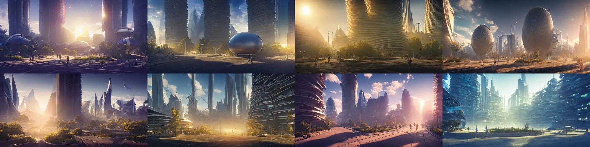 Image similar to street view of utopian solarpunk city, futuristic architecture, hyperrealism, octopath traveler, octane render, misty, highly rendered, global illumination, radiant light, golden hour, cinematic, by vincent callebaut and zaha hadid and zack snyder, 8 k