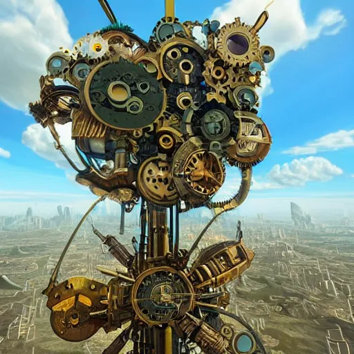 Image similar to flying city in a mechanical flower flower flower flower, sky, steampunk!!!, fantasy art, steampunk, masterpiece, unreal engine