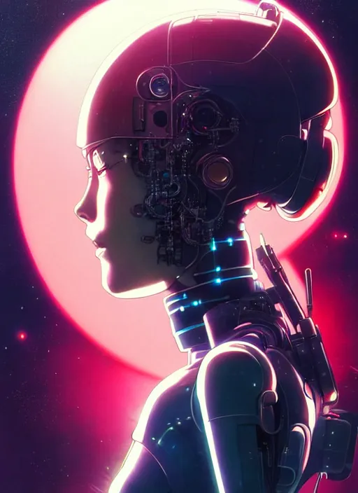 Image similar to side portrait scifi cyborg girl with robotic parts and spacesuit | | head only in center of image, audrey plaza, fine detail!! anime!! realistic shaded lighting!! poster by ilya kuvshinov katsuhiro otomo ghost - in - the - shell, magali villeneuve, artgerm, jeremy lipkin and michael garmash and rob rey