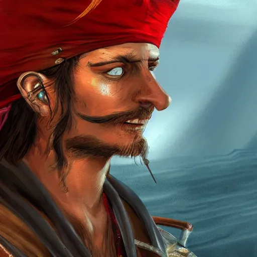 Prompt: closeup of a pirate standing on his ship, digital painting, artstation, by marco bucci