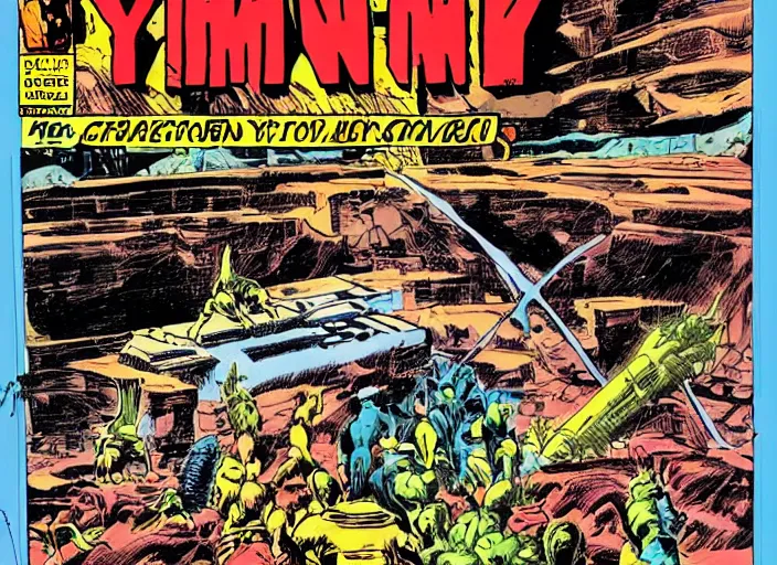 Image similar to comic book drawing of aliens building a base at the grand canyon by jack kirby!!! and simon bisley, epic, awesome bright color palette, hard contrast, black ink outlines