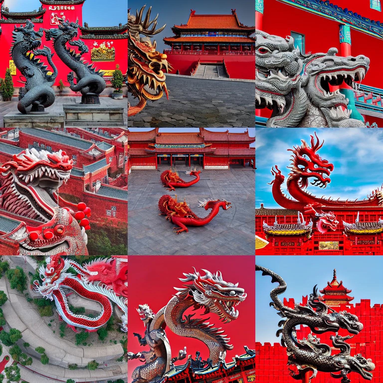 Prompt: two chinese dragon statues in front of a red fortress, digital art, shot from a birds eye camera angle