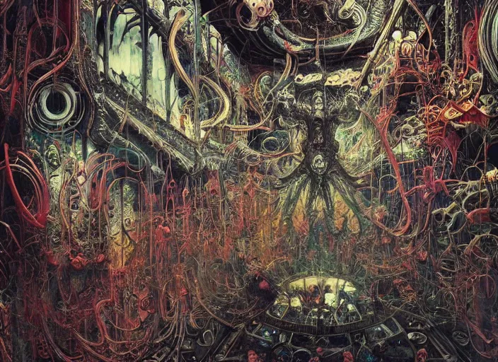 Prompt: eventually even humans who avoided the world were drawn into its madness. inside an grand, ornate brutalist space ship, creepy, diabolical, dark, mystical, hyper surrealism, neo - gothic, neon glow, intricate and highly detailed painting by james jean, adrian ghenie, takato yamamoto, and gerhard richter.