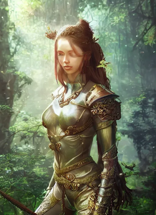 Image similar to Beautiful art portrait of a female fantasy ranger in a bright temple surrounded by lush forest, atmospheric lighting, intricate detail, cgsociety, hyperrealistic, octane render, RPG portrait, ambient light, dynamic lighting