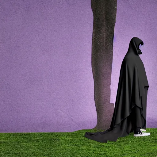 Image similar to grim reaper, purple cloak, full body