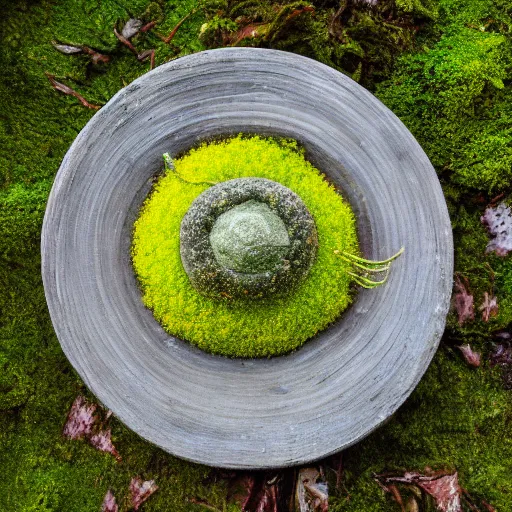 Image similar to radial statue with very yellow moss