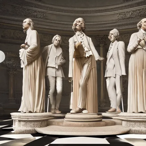 Image similar to mozart and beethoven and bach and liszt all standing next to each other, they're all statues, octane render, 8 k, highly detailed, hyper - realistic.