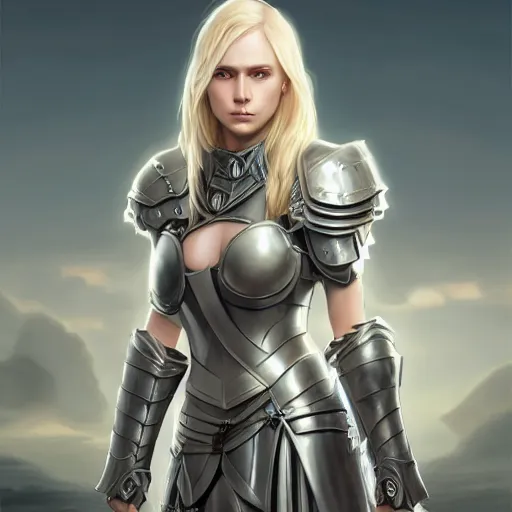 Prompt: fantasy RPG symmetrical portrait, centered shoulders up view, young blonde woman, blonde hair, blue eyes, level 1 plate armour, pale skin, 4k, by greg rutkowski, highly detailed, soft lighting 8k resolution