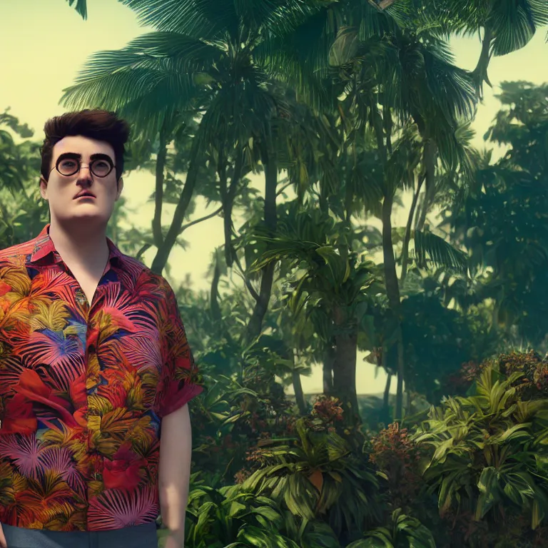 Image similar to a cinematic shot of palmer luckey, aloha shirt, colorful, octane render, volumetric lighting, nvidia raytracing demo, by Andy Thomas, Mario Martinez, Daniel Mirante, Gustave Dore, Artstation, CGsociety, masterpiece