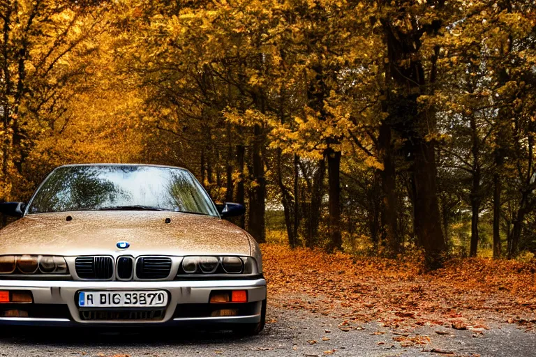 Prompt: A BMW e36 parked in a road with trees, autumn season, Epic photography, taken with a Leica camera, 50 mm, depth of field