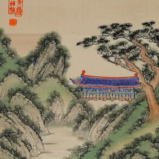 Prompt: countryside of china. a small bridge, several cottages, with a stream flow. traditional Chinese painting.