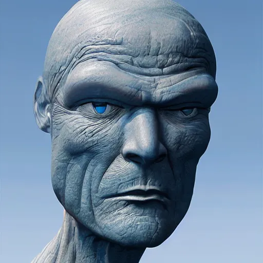 Image similar to giant blue statue face, flying, man, octane render, moebius by jean giraud