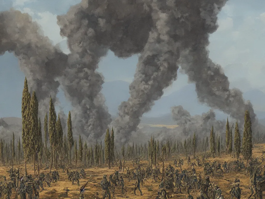 Image similar to Two armies amid the smoke. Comet afar. Cypresses. Painting by Ucello