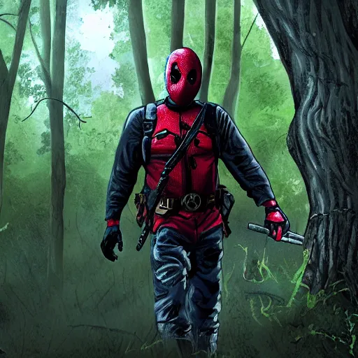 Image similar to jason voorhees meets deadpool in the woods digital art 4 k detailed super realistic