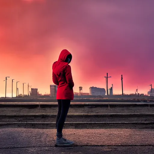 Prompt: hooded jacket woman standing in front of a post apocalyptic city with burning red sky