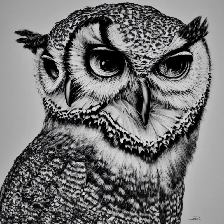 Prompt: hyperrealist highly detailed cinematic lighting studio portrait of a great horned owl, high contrast wood engraving, kentaro miura and junji ito manga style, shocking detail trending on artstation 8 k