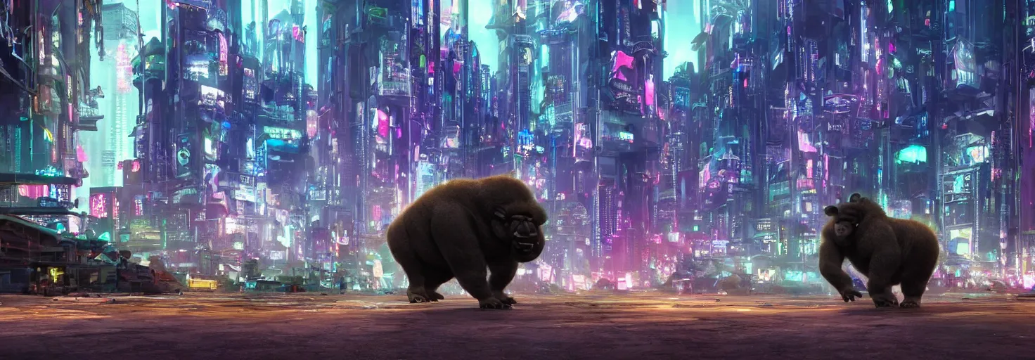 Image similar to photo of a big chungu roaming in a cyberpunk futuristic city