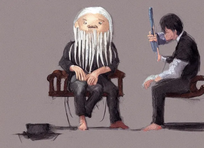 Prompt: judge wearing a bench wig is making a haircut to another judge with a bench wig, only two person in the scene, concept art, artstation, fractals