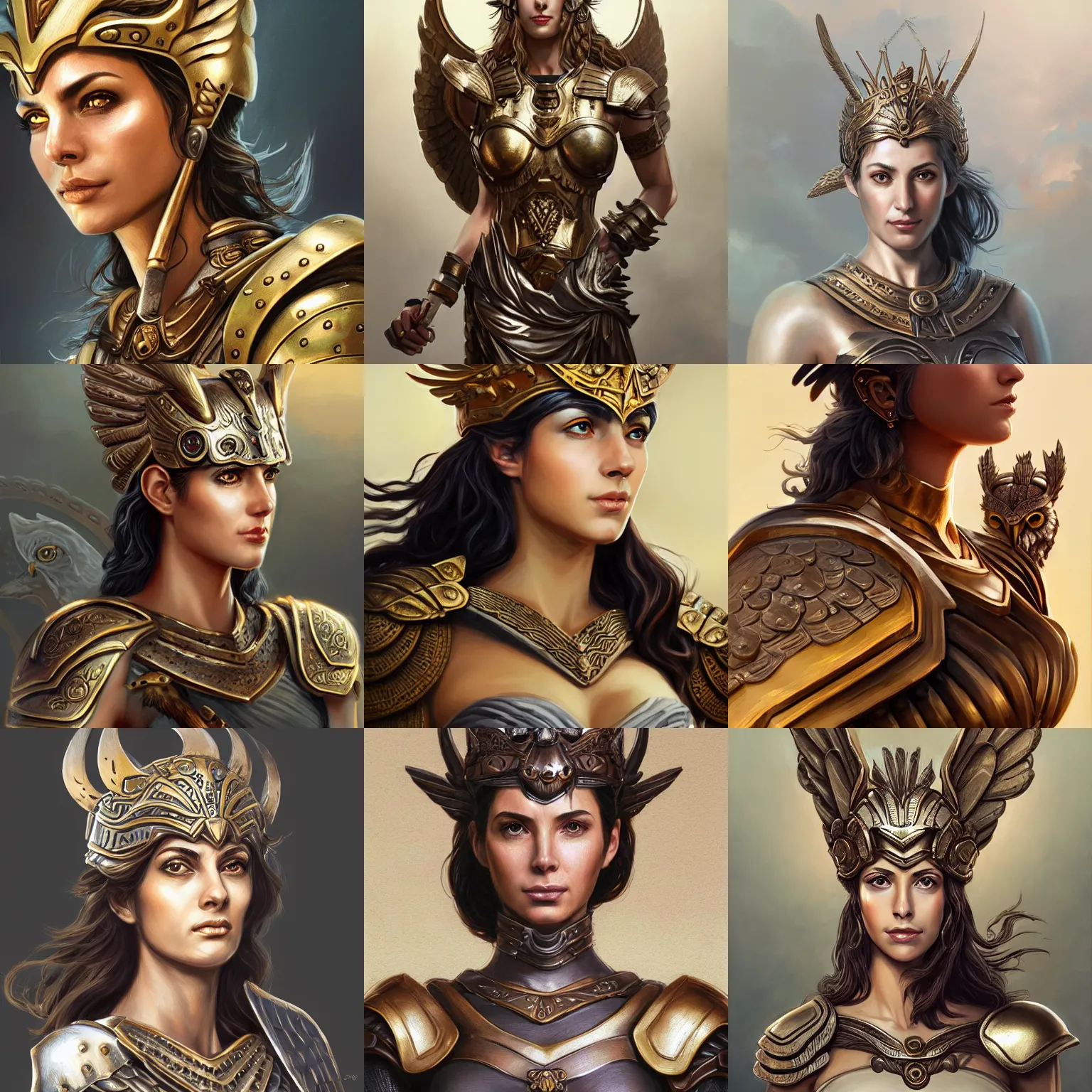 Prompt: athena, greek goddess, claudia black, bronze greek armor, owl crown, d & d, fantasy, portrait, highly detailed, headshot, digital painting, trending on artstation, concept art, sharp focus, illustration, art by artgerm and greg rutkowski and magali villeneuve